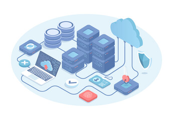 Web hosting service with servers, computer, cloud. Big data processing concept, cloud database. Vector illustration in 3d design. Isometric web banner.