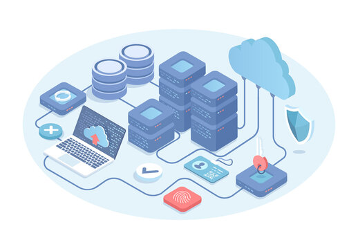 Web Hosting Service With Servers, Computer, Cloud. Big Data Processing Concept, Cloud Database. Vector Illustration In 3d Design. Isometric Web Banner.