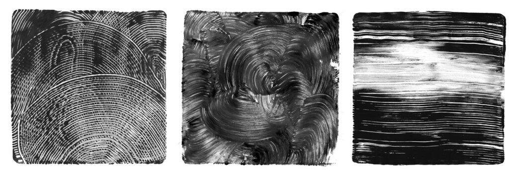 Art Abstract black and white acrylic and watercolor monotype painting. Gel printing plate. Canvas texture background. Isolated set.