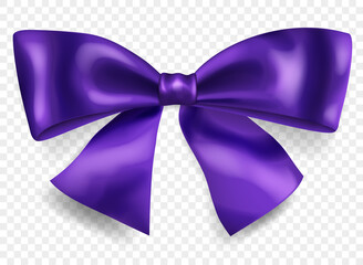 Beautiful big bow made of purple ribbon with shadow, isolated on transparent background. Transparency only in vector format