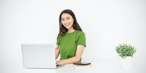 Portrait of beautiful business asian korean designer woman working  office desk using computer...
