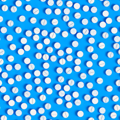 White pills seamless pattern on a blue surface. Production of drugs. Medical theme. 3d rendering. 