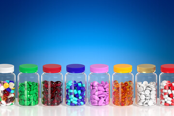 Jars of different tablets and pills are in a row on the table. Variety of vitamins and dietary supplements. Production of drugs. Medical theme. 3d rendering. 