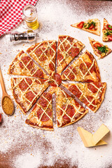 Delicious Pizza Classic Homemade Tomato Sauce Sausage Cheese Onion Meat Pasta Shrimp Restaurant Menu Gourmet on a wooden table