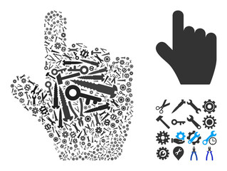 Repair service pointer finger collage of service tools. Vector pointer finger is constructed of cogs, spanners, and other instruments, and based on pointer finger icon. Concept for tuning service.