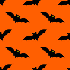 Bright seamless illustration with bats. Vector drawing on an orange background.