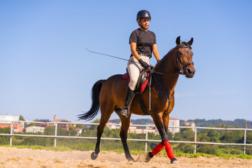 Young Caucasian blonde girl riding on a horse with a brown horse, dressed in black rider with safety cap