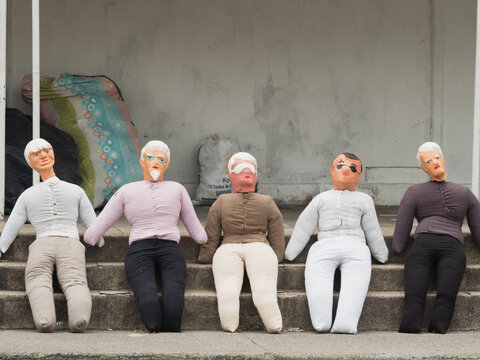 monigotes or traditional dolls stuffed with sawdust or rice husks to celebrate the new year in Ecuad