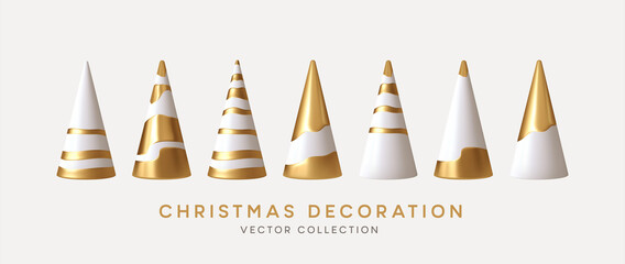 Christmas decorations vector collection. Set of realistic 3d white gold trendy decorations for christmas design isolated on white background. Christmas trees. Vector illustration