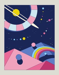 Naklejka premium Abstract neo poster. Modern banner with planet, geometric rings, hills and outer space. Design element for covers, social networks and wall decoration. Cartoon contemporary flat vector illustration