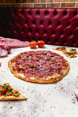 Delicious Pizza Classic Homemade Tomato Sauce Sausage Cheese Onion Meat Pasta Shrimp Restaurant Menu Gourmet on a wooden table