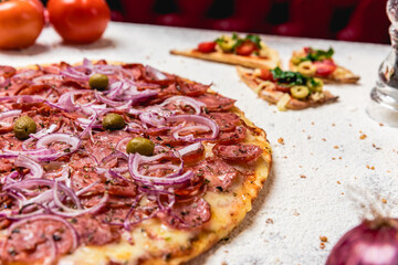 Delicious Pizza Classic Homemade Tomato Sauce Sausage Cheese Onion Meat Pasta Shrimp Restaurant Menu Gourmet on a wooden table