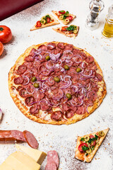 Delicious Pizza Classic Homemade Tomato Sauce Sausage Cheese Onion Meat Pasta Shrimp Restaurant Menu Gourmet on a wooden table