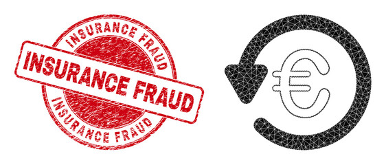 Low-Poly polygonal euro chargeback icon illustration, and INSURANCE FRAUD textured seal imitation. Red stamp contains Insurance Fraud text inside round shape.