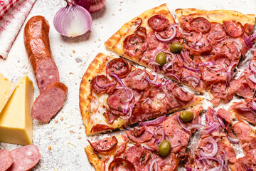 Delicious Pizza Classic Homemade Tomato Sauce Sausage Cheese Onion Meat Pasta Shrimp Restaurant Menu Gourmet on a wooden table