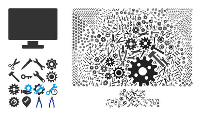Repair service computer display composition of service tools. Vector computer display is designed from gearwheels, wrenches, and other tools, and based on computer display icon.