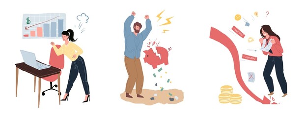 Vector cartoon flat characters in various aggressive mood,upset about monetary loss-emotional state at financial losses,unprofitable trading,bad money management concept,web site banner ad design