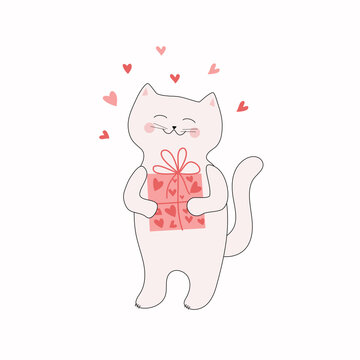 Cartoon kitten with gifts and hearts. Vector cheerful cute cat. Valentine's Day postcard, congratulations. Vector illustration, background isolated.