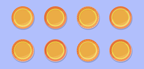 set of eight round orange plates with various patterns and white rims top view