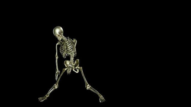 Skeleton dancing. Seamless loop animation on black background, robot hip hop, Ghost character, Dancing Skull, Transparent video with luma matte, 3d render