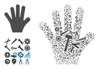 Repair service palm fingers collage of service tools. Vector palm fingers is done of gear wheels, wrenches, and other tools, and based on palm fingers icon. Abstraction of technical company.
