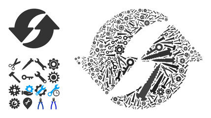 Service refresh mosaic of service tools. Vector refresh is formed of gearwheels, spanners, and other tools, and based on refresh icon. Concept of mechanic job.