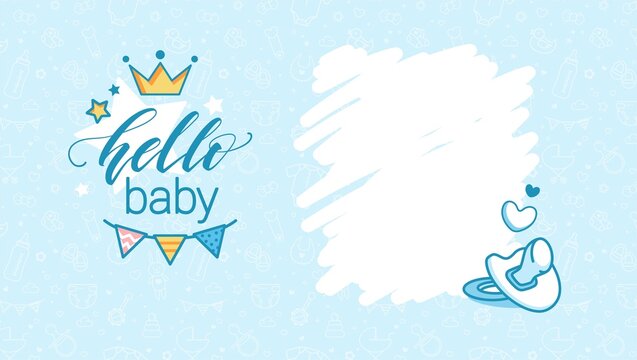 Baby shower invitation template. Hello baby boy vector illustration. Birth party background.