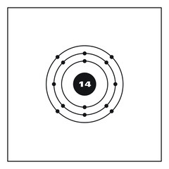 Bohr model representation of the silicon atom, number 14 and symbol Si.
Conceptual vector illustration of silicon atom and electron configuration 2, 8, 4.