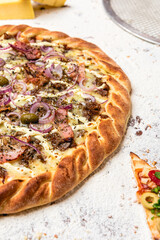 Delicious Pizza Classic Homemade Tomato Sauce Sausage Cheese Onion Meat Pasta Shrimp Restaurant Menu Gourmet on a wooden table