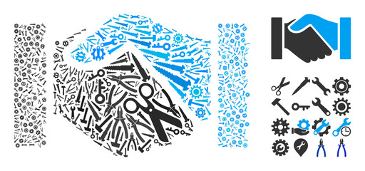 Fototapeta premium Repair workshop handshake mosaic of service tools. Vector handshake is constructed of gearwheels, spanners, and other tools, and based on handshake icon. Concept of industrial service.
