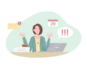 Business woman concept. Young Female character sitting at workplace at laptop and receives messages. Efficient and productive employee. Joyful girl with ok gesture. Cartoon flat vector illustration