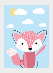 Cute animal poster. Small smiling pink fox waves its paw. Fluffy kind wild character. Design element for children clothing and wall decoration in nursery room. Cartoon flat vector illustration