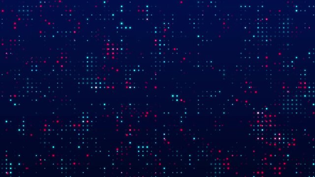 Hi tech motion graphic background, blue and red flickering dots on dark background