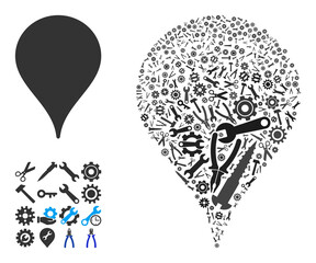 Repair workshop map marker composition of service tools. Vector map marker is shaped of gear wheels, spanners, and other tools, and based on map marker icon. Abstraction of tuning service.