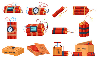 Dynamite sticks set vector flat illustration. Box ready explosives cartridge belt hand detonators