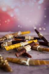 Fruit marshmallow in the glass on the pink New Year background