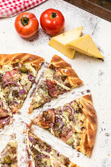 Delicious Pizza Classic Homemade Tomato Sauce Sausage Cheese Onion Meat Pasta Shrimp Restaurant Menu Gourmet on a wooden table