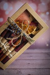 Fruit marshmallow and paste on a colored background with nuts