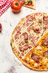 Delicious Pizza Classic Homemade Tomato Sauce Sausage Cheese Onion Meat Pasta Shrimp Restaurant Menu Gourmet on a wooden table