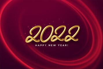 Calendar header 2022 realistic metallic gold number on red wave swirl background with gold sparkle. Happy new year 2022 red background. Vector illustration