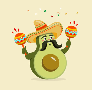 Cinco de Mayo concept. Smiling green avocado in sombrero holds maracas in his hands. Vegetable character with long mustache. Greeting card for Mexican holiday. Cartoon flat vector illustration