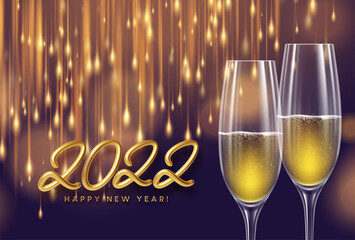 Happy new year 2022 illustration with golden realistic number 2022, glasses of champagne and fireworks sparks. Gold sequin blur bokeh background. Vector illustration