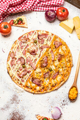 Delicious Pizza Classic Homemade Tomato Sauce Sausage Cheese Onion Meat Pasta Shrimp Restaurant Menu Gourmet on a wooden table