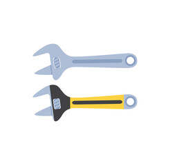 Construction tool icon. Sticker set with adjustable wrenches. Attributes for unscrewing screws and nuts. Design element for website. Cartoon flat vector collection isolated on white background