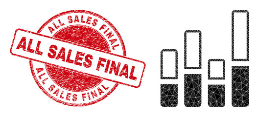Lowpoly polygonal bar chart icon illustration, and All Sales Final corroded stamp. Red stamp seal contains All Sales Final text inside circle it. Bar chart icon is filled using triangles.