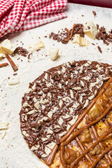 Delicious Pizza Classic Homemade Tomato Sauce Sausage Cheese Onion Meat Pasta Shrimp Restaurant Menu Gourmet on a wooden table