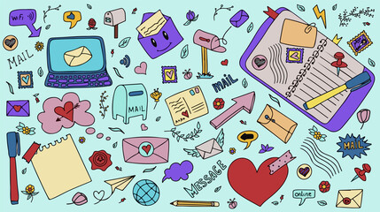 A set of vector mail doodles. Icons with paper envelopes, letters, email. A children s notebook in a cage with drawings of postal items. Hand-drawn elements for email