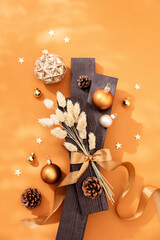 Moderne, weihnachtliche Dekoration im Lichtspiel mit Trockenblumen, Sternen und Kugeln in gold auf schwarzem Holz und farbigem Untergrund, top View, Hochformat, Weihnachtsmotiv, Weihnachtskarte