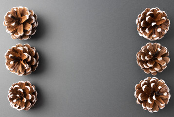 Obraz premium Decorative pine cones on a dark gray background, the basis for a greeting card for Christmas and new Year 2022