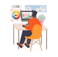Creative workplace concept. Young male designer sits at his desk and draws in special program. Interior with paintings and color circle. Inspiration and comfort. Cartoon flat vector illustration